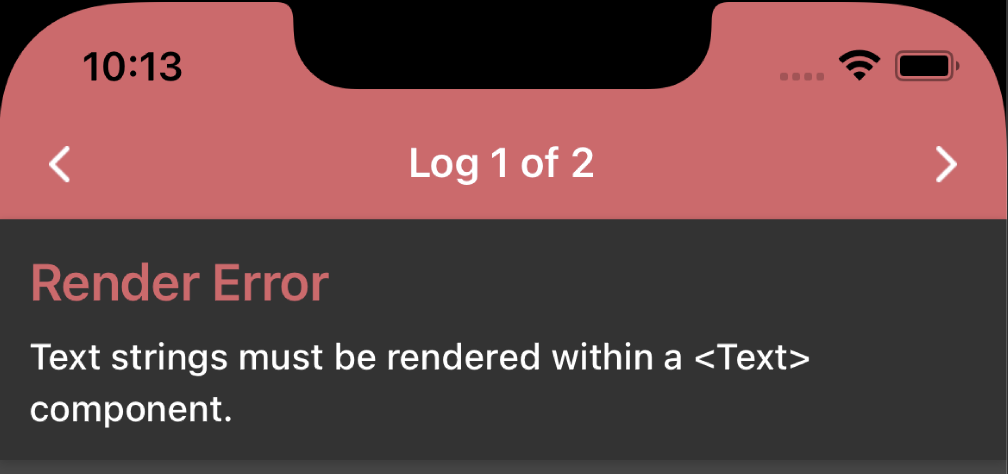 A React Native red screen error telling us that a text node must be in a Text component